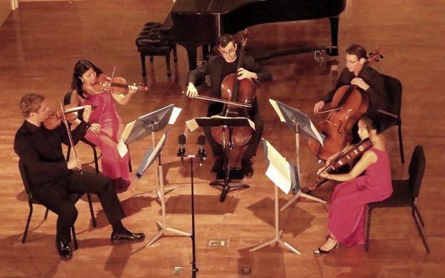 Clockwise from left: violinists David Couceron and Helen Kim, cellists Ranier Eudeikis and Christopher Rex, and violist Julianne Lee. (credit: Mark Gresham)