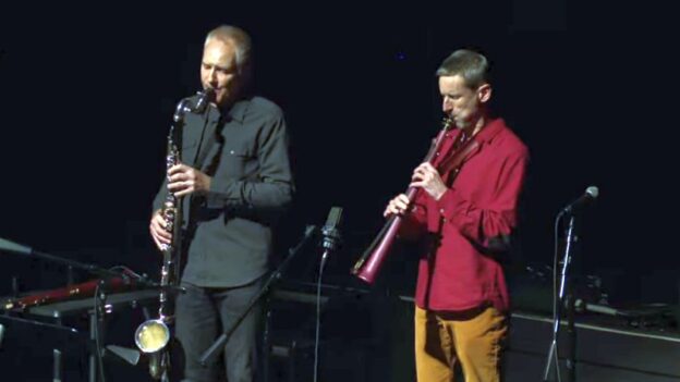 Dániel Váczi (right) plays a Glissotar, with clarinetist Ted Gurch. (GaTech/YouTube)