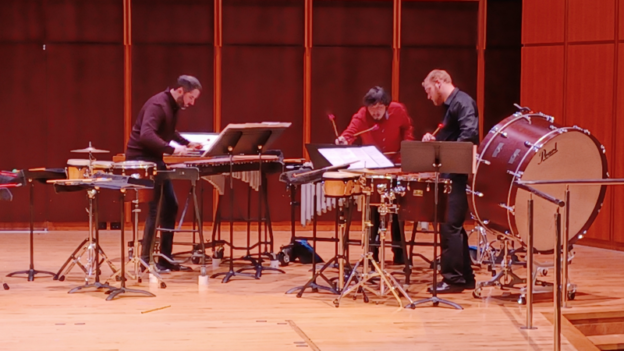 Pantera Trio (percussionists Victor Pons, Khesner Oliveira, and Noah Samuelson) performing at Kopleff Recital Hall. (credit: Jon Ciliberto)