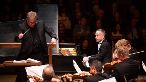 Conoductor John Storgårds and pianist Inon Barnatan in Thursday's performance with the Atlanta Symphony Orchestra. (credit: Rand Lines)