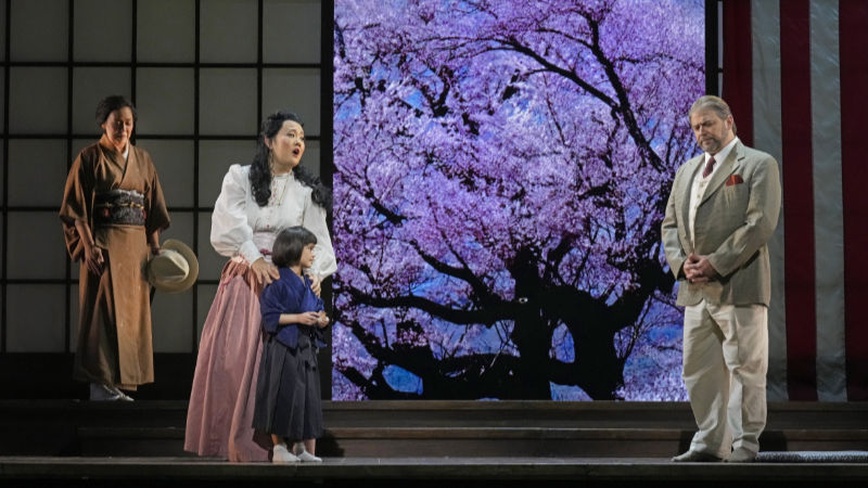 Nina Yoshida Nelson as Suzuki, Yasko Sato as Cio-Cio San, Abigail Hale as Sorrow, and Craig Colclough as Sharpless (credit: Ken Howard)