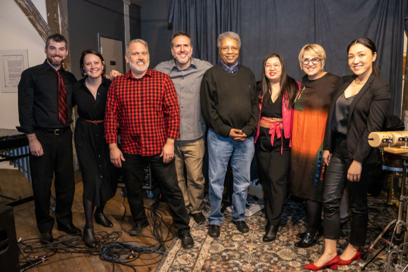 l-r: Daniel Tosky, Amy Petrongelli, Stuart Gerber, Adam Mirza, Alvin Singleton, Emily Koh, Jan Berry Baker, Erika Tazawa. (credit: Steve Eberhardt)