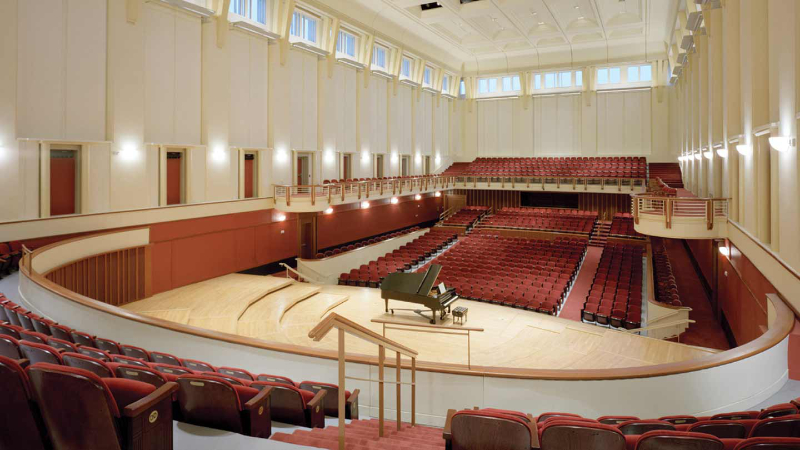 Cherry Logan Emerson Concert Hall, as seen from the "choral" balcony above and behind the stage. (SCPA)