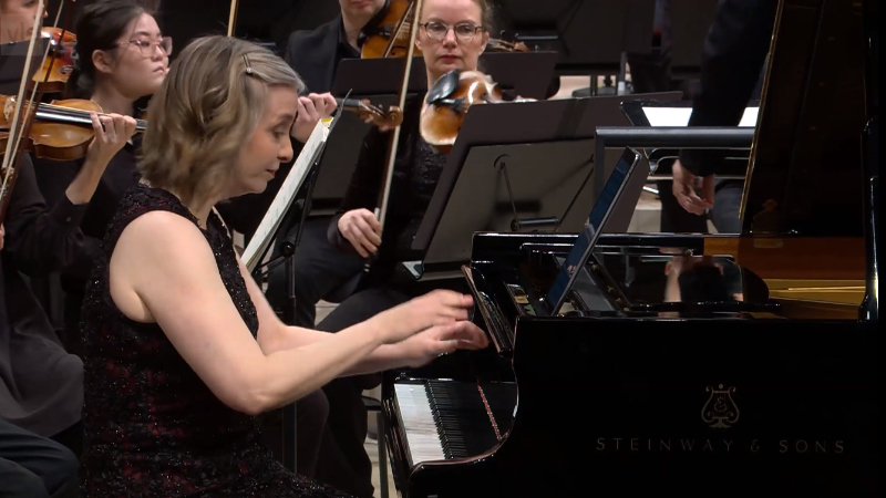 Pianist Orli Shaham, performing John Adams' "Why must the devil have all the good tunes?" by John adams, wit the Finnish Radio Symphony Orchestra, conducted by David Robertson. (FRSO)