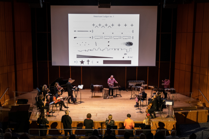 The combined forces of Bent Frequency and Atlanta Improvisers Orchestra perform "American Ledger No. 1" by Raven Chacon. (credit: Steve Eberhardt)