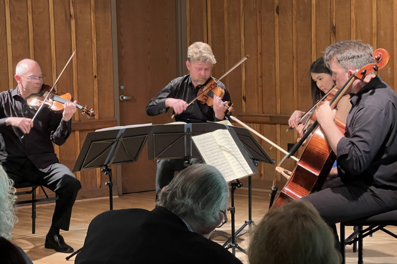 Christopher Pulgram, Justin Bruns, Yang-Yoon Kin, and Thomas Carpenter performing at Garden Hills Recreation center. (credit: Barry Levine)