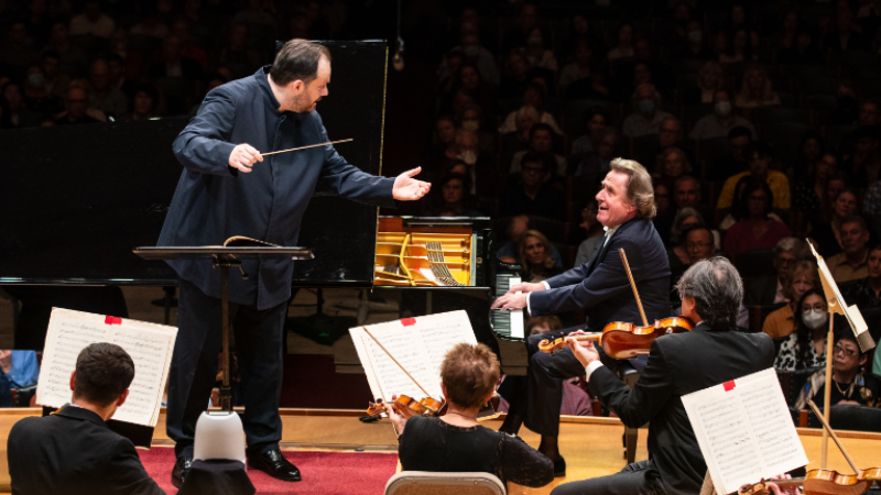 BSO music director Andris Nelsons and pianist Rudolf Buchbinder, in Mozart's Piano Concerto No. 23 in A, K.488. (credit: Robert Torres)