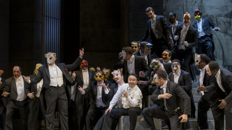 The Duke of Mantua (Won Whi Choi) with his courtiers. (credit: Rafterman/courtesy of The Atlanta Opera)