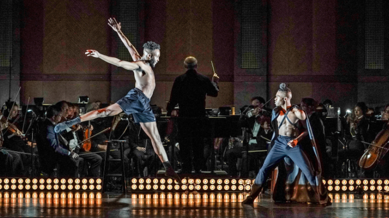 Foreground, l-r: Terrell Rogers, Jr. and Elijah W. Lancaster of the Dallas Black Dance Theatre performing Stravinsky's "Petruska" with the Fort Worth Symphony Orchestra led by Robert Spano, January 5, 2024. (credit: Karen Almond)