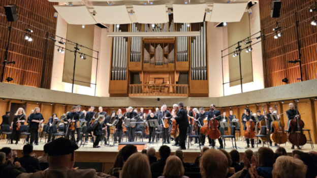 The Omaha Symphony Orchestra onstage at the Strauss Performing Arts Center, University of Nebraska-Omaha, on February 4, 2024. (credit: William Ford)