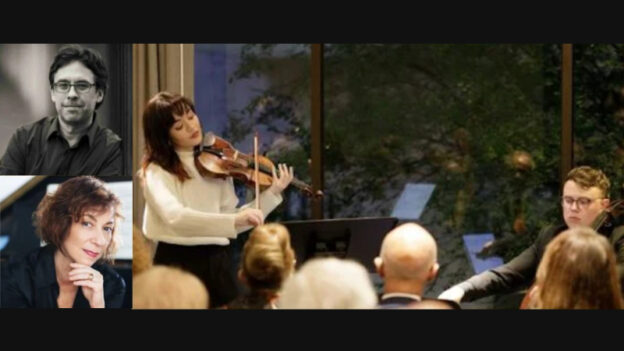 L: Author Jeremy Eichler and pianist Sarah Rothenberg. R: Violinist Astrid Nakamura and cellist Chris Ellis. (composite image)