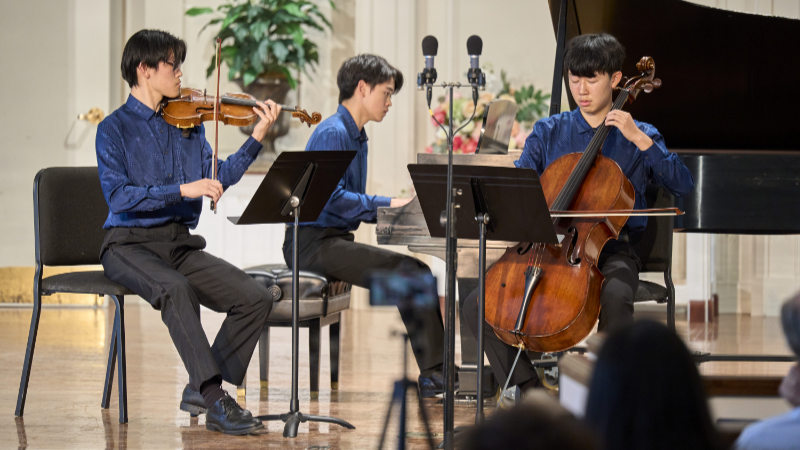 Strelitza Trio from Franklin Pond Chamber Music, l-r: Lucas Lu, Ryan Pi, and Melvin Xu. (credit: Chris Helton)