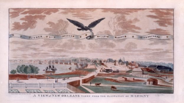An engraving titled "A View of New Orleans", created in 1803 by John L. Boqueta de Woiseri, offers a detailed perspective of the city as it appeared at the time of the Louisiana Purchase. The banner reads: "Under My Wings Every Thing Prospers."