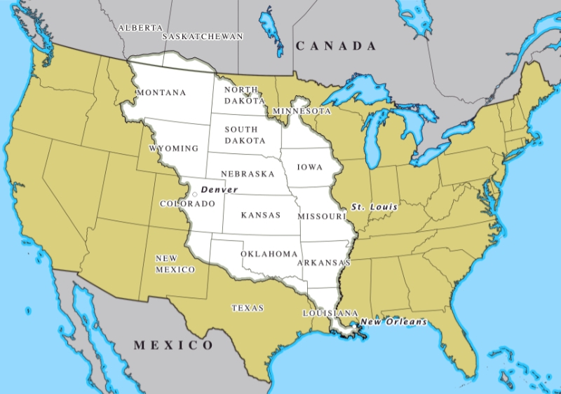 A map of the Louisiana Purchase overlaid on a modern map of US states. (Wikipedia <a href="https://creativecommons.org/licenses/by-sa/4.0" title="Creative Commons Attribution-Share Alike 4.0">CC BY-SA 4.0</a>, <a href="https://commons.wikimedia.org/w/index.php?curid=42826877">Link</a>)