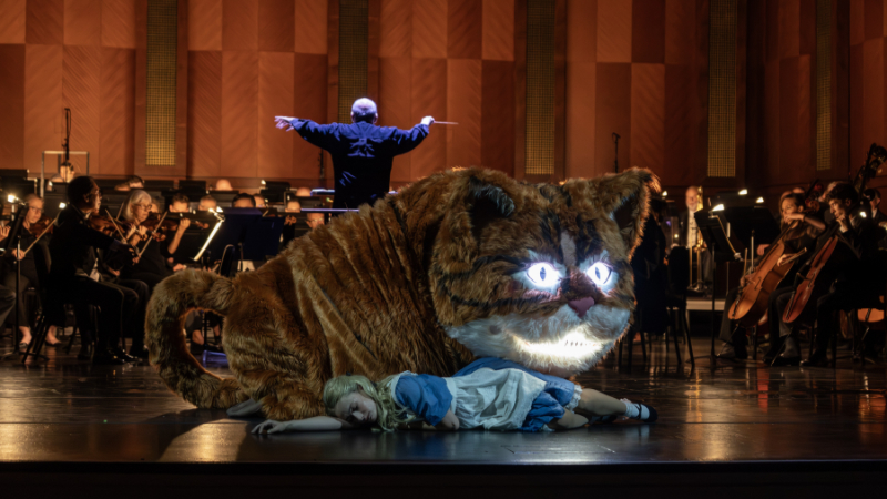 Alice, asleep, and the Cheshire Cat (its eyes and grin linger), with Robert Spano and the Fort Worth Symphony Orchestra behind them. (credit: Karen Almond)