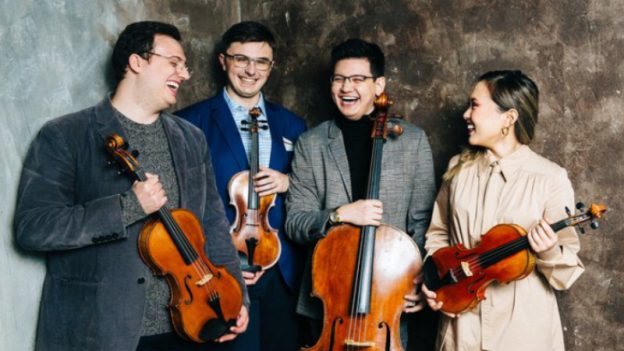 Balourdet Quartet. L-R: Benjamin Zannoni, Justin DeFilippis, Russell Houston, and Angela Bae. (credit: Kevin W. Condon)