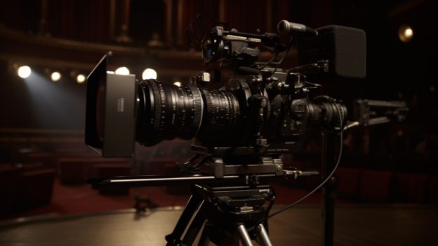 A cinematic depiction of a filmmaker's video camera on an opera stage, crafted by Midjourney AI with guidance from Grok, created by xAI.
