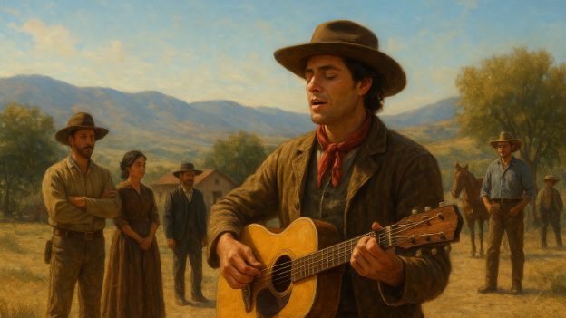 A ‘californio’ plays his guitar amid California’s rugged hills, conjuring the songs and stories that shaped the region’s musical landscape. (Image by ChatGPT)
