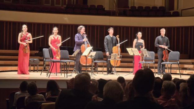 L-R: Emily Daggett Smith, Jessica Shuang Wu, Zuill Bailey, Yinzi Kong, and Joseph Skerik. (credit: William Ford)