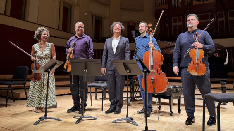 L-R: Melissa White, Ilmar Gavilán, Aldo López-Gavilán, Felix Umansky, and Jaime Amador take a post-concert bow at Emerson Hall, Schwartz Center for Performing Arts, September 26, 2025. (crecit: Bill Head)