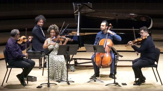 L-R: Ilmar Gavilán, Aldo López-Gavilán, Melissa White, Jaime Amador, and Felix Umansky in performance at Emerson Hall, Schwartz Center for Performing Arts, September 26, 2025. (courtesy of SCPA)