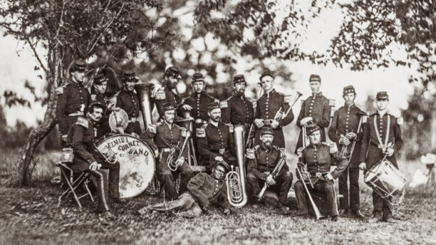 Elmira Cornet Band, Thirty-third Regiment, of the New York State Volunteers, July 1861. (historical image, Library of Congress)