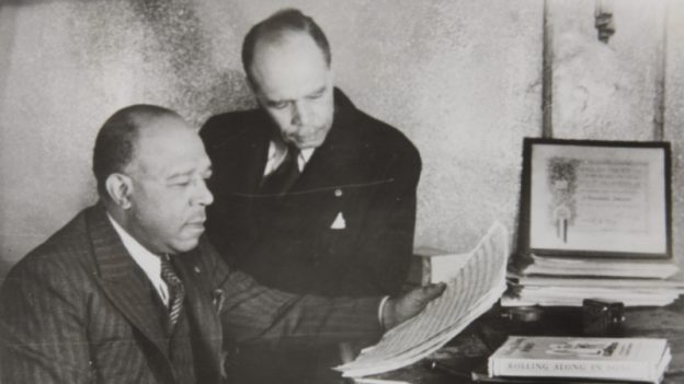 Brothers James Weldon Johnson and J. Rosamond Johnson at the piano. (Image from collections of Yale University Library)