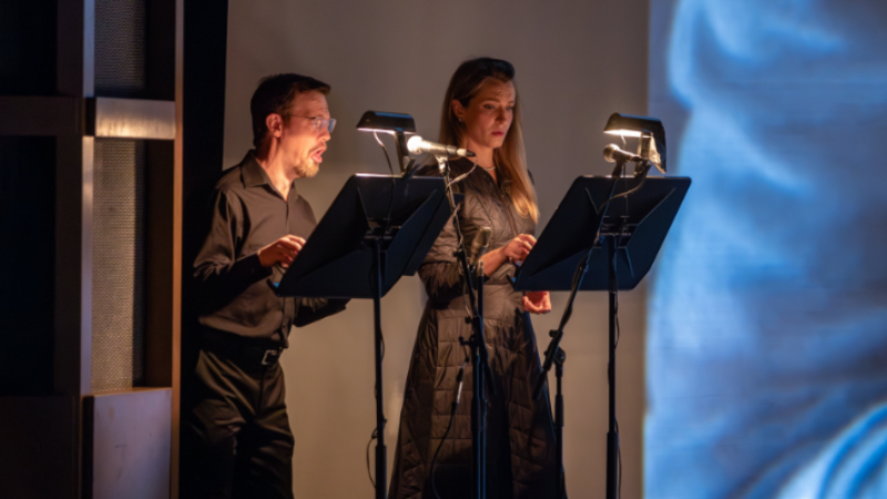 David Crawford, left, singing La Père/L’Usurier/Ludovis, and Kayleigh Decker, singing Belle.  (credit: Raftermen)