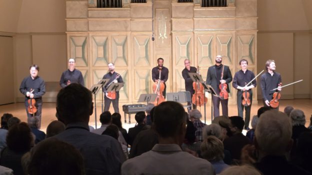 The combined Miro and Isidore Quartets take a bow at Spivey Hall. (credit: William Ford)