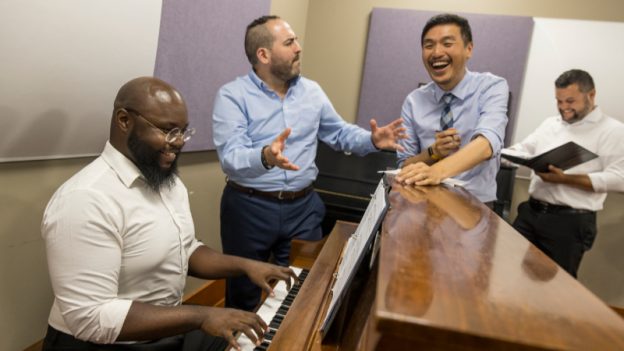 Composer George Tsz-Kwan Lam and librettist David Davila work with their performance team for the 96-Hour Opera Project 2024. (courtesy of The Atlanta Opera]