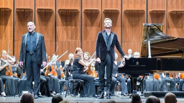 Conductor Emmanuel Villaume and pianist Andrew von Oeyen take a bowwith the Prague philharmonia. (credit: William Ford)