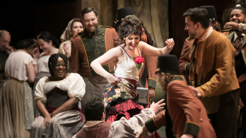 Varduhi Abrahamyan, center, as Carmen dances in a 2018 production Bizet’s ‘Carmen’ at The Atlanta Opera. (credit: Jeff Roffman)
