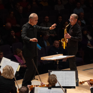 Carlos Miguel Prieto, conductor; Timothy McAllister, alto saxophone, with the North Carolina Symphony. (Courtesy of NCS)