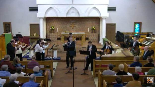 San Marco Chamber Music Society performing the Concerto in Eminor for flute, oboe, and strings at St. Mark's Lutheran Church, featuring soloists Les Roettges (flute) and Eric Olson (oboe). (video still, used by permission)