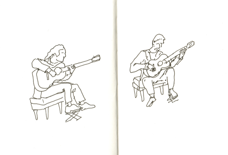 Sérgio and Odair Assad performing at UGA Performing Arts Center's Ramsey Hall, March 10, 2026.(notebook sketch by Jon Ciliberto)