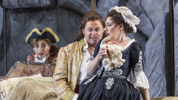 Luke Sutliff as Count Almaviva, center, with Sydney Mancasola as Susanna on his lap. Rihab Chaieb as Cherubino is in the back. (credit: Raftermen)