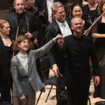 Pianist Anne-Marie McDermott, conductor Carlos Miguel Prieto, and the North Carolina Symphony take a bow following their performance of Beethoven’s ‘Piano Concerto No. 5’. (courtesy of NCS)