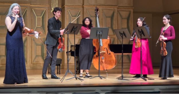 Amy SchwartAmy Schwartz-Moretti with Mercer student musicians Benjamin Linton, Sharon Montes, Holly Parker and Hanami Froom.z-Moretti with student musicians Benjamin Linton, Sharon Montes, Holly Parker and Hanami Froom.