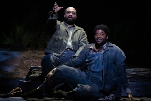 Bass-baritone Sam Dhobhany and tenor Demetrious Sampson, Jr.—both members of HGO’s prestigious Butler Studio program for emerging artists—as George and Lennie in Carlisle Floyd's "Of Mice and Men." (credit: Lynn Lane)