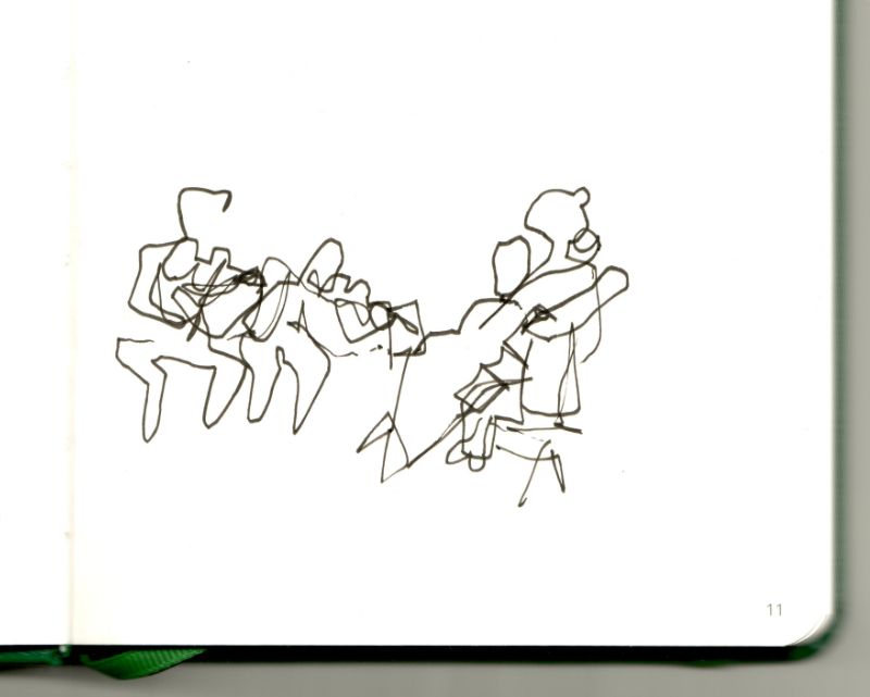 Sketch of Kronos Quartet performing at KSU, by Jon Ciliberto. (February 20, 2026, Bailey Performance Center, Morgan Concert Hall.)