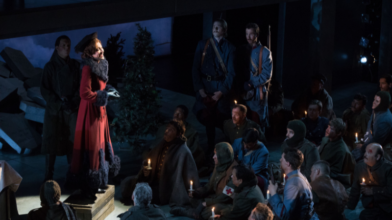 Ava Pine as opera singer Anna Sorenson entertaining the troops in a 2016 production of Kevin Puts’ ‘Silent Night’ at The Atlanta Opera. (credit: Jeff Roffman)