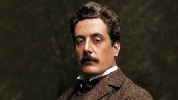 Giacomo Puccini, composer of ‘Turandot.’ (detail of historical photo, digitally enhanced and colorized)