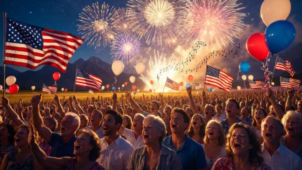 Crowds of Americans sing with joy under exploding fireworks as they celebrate the nation’s 250th anniversary. (generated by Grok Imagine)
