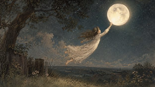 The Girl Who Ran with the Moon — a child knows the night sky is more willing to listen than anyone imagined. (Illustration imagined with OpenAI.)