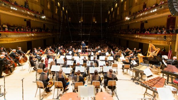 View from behind the stage, Andris Nelsons conducts the Bostpn Symphony Orchestra, January 22, 2026. (credit: Robert Torres)