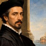 Giovanni Gabrieli (c. 1554/1557–1612). (Reimagined after a historical portrait; composition by ChatGPT; edited with Grok Imagine.)