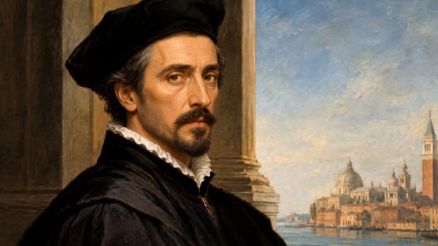 Giovanni Gabrieli (c. 1554/1557–1612). (Reimagined after a historical portrait; composition by ChatGPT; edited with Grok Imagine.)