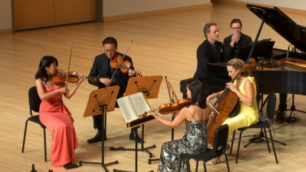 Violinists Helen Hwaya Kim & Kenn Wagner, violist Yang-Yoon Kim, cellist Charae Krueger, and pianist Robert Henry perform Dvořák’s "Piano Quintet in A major" at KSU’s Morgan Hall. (video stream still)