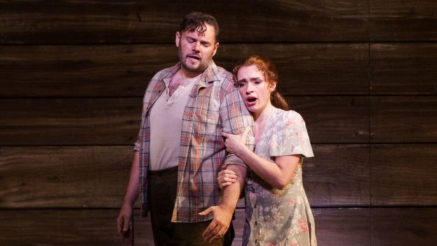 Bille Bruley and Sylvia D’Eramo as siblighs Sam and Susannah Polk in Carlisle Floyd’s ‘Susannah’ at Houston Grand Opera. (credit: Michael Bishop)