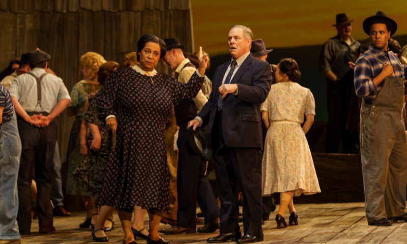 Deborah Nansteel (Mrs. McLean) and Malcolm MacKenzie (Elder McLean) in Carlisle Floyd’s ‘Susannah’ at Houston Grand Opera. (credit: Michael Bishop)